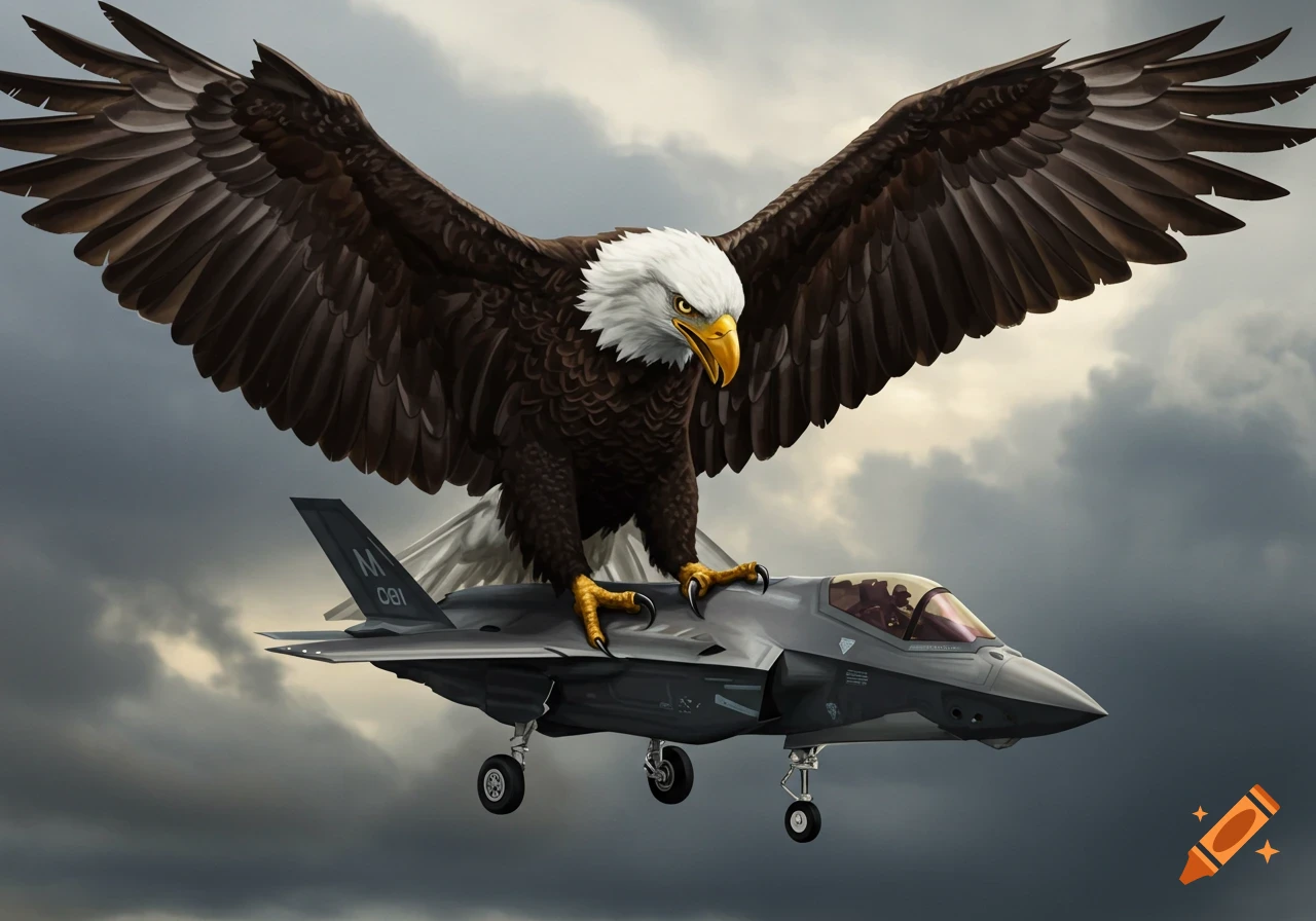 A large eagle carries a fighter jet through a cloudy sky.
