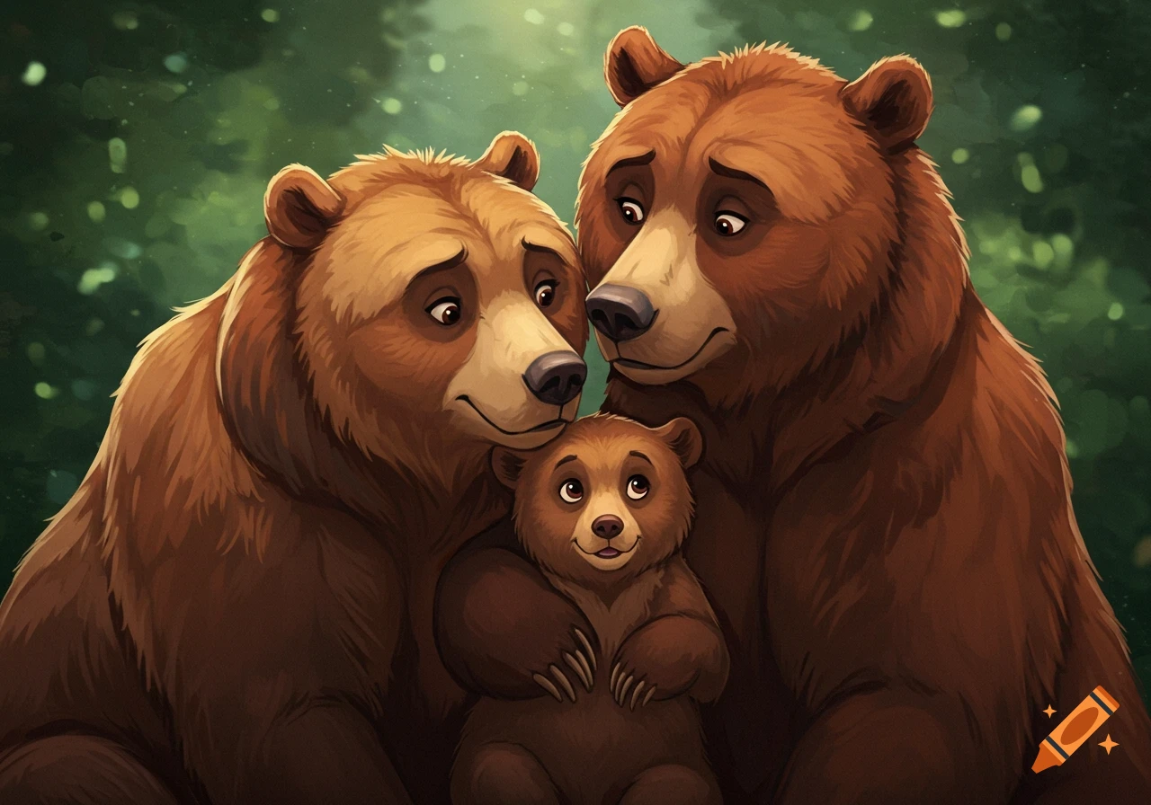 An illustration of a family of three bears in a forest.
