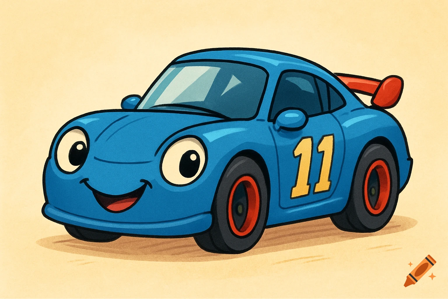 A cute, blue cartoon race car with big eyes and a smile.