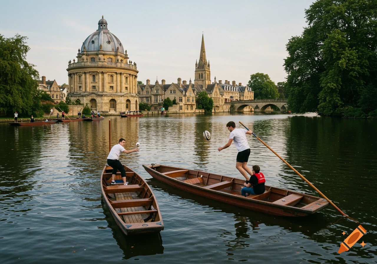 People playing rugby on punt boats in Oxford river with historic buildings in background