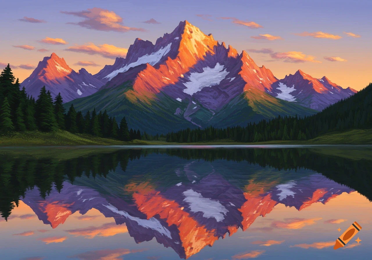 Stylized painting of mountains reflecting in a lake during sunset.