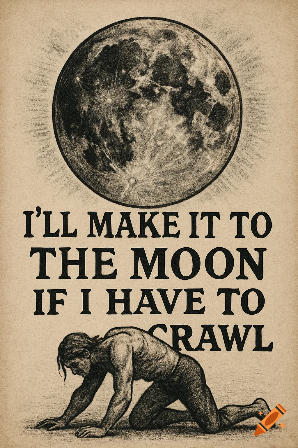 A drawing of a person crawling on the ground under a large moon. Text reads: I'LL MAKE IT TO THE MOON IF I HAVE TO CRAWL.