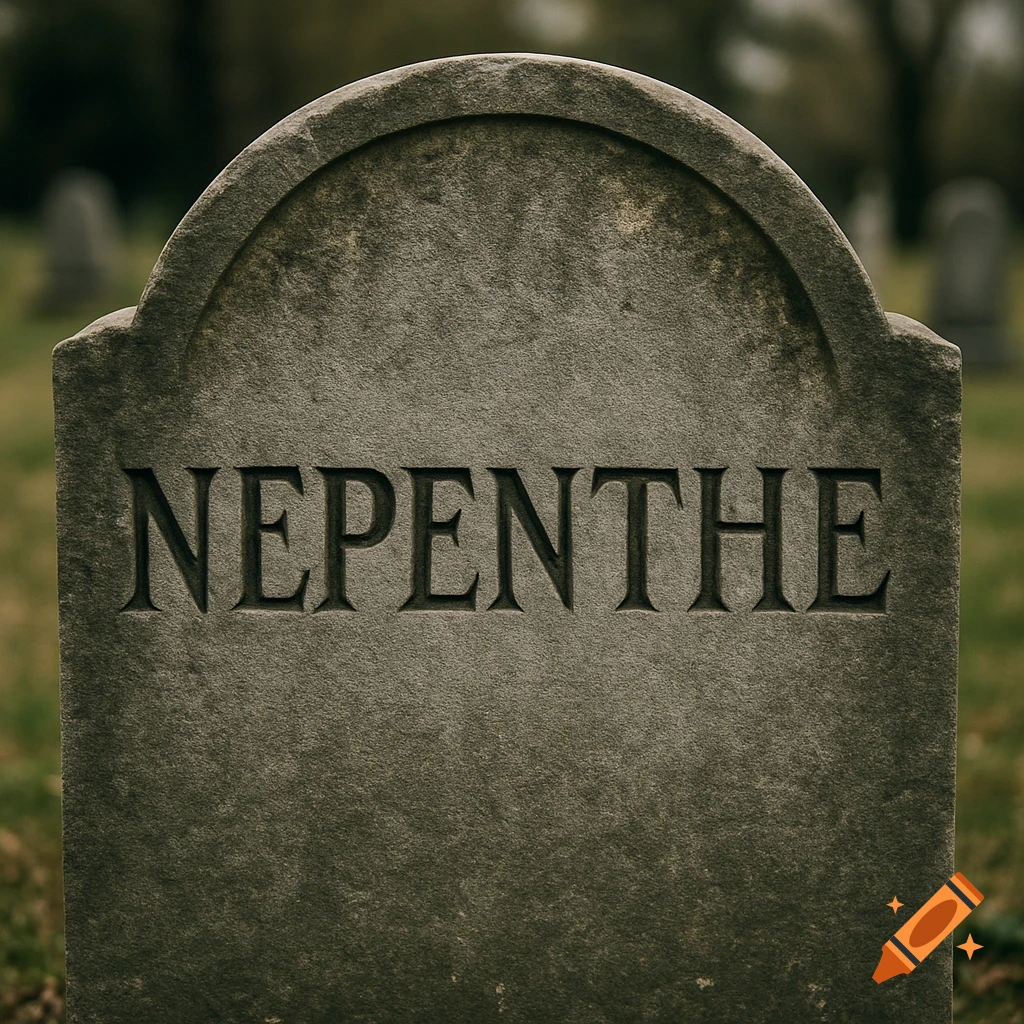 Close-up photograph of a gravestone engraved with the word 'NEPENTHE'.