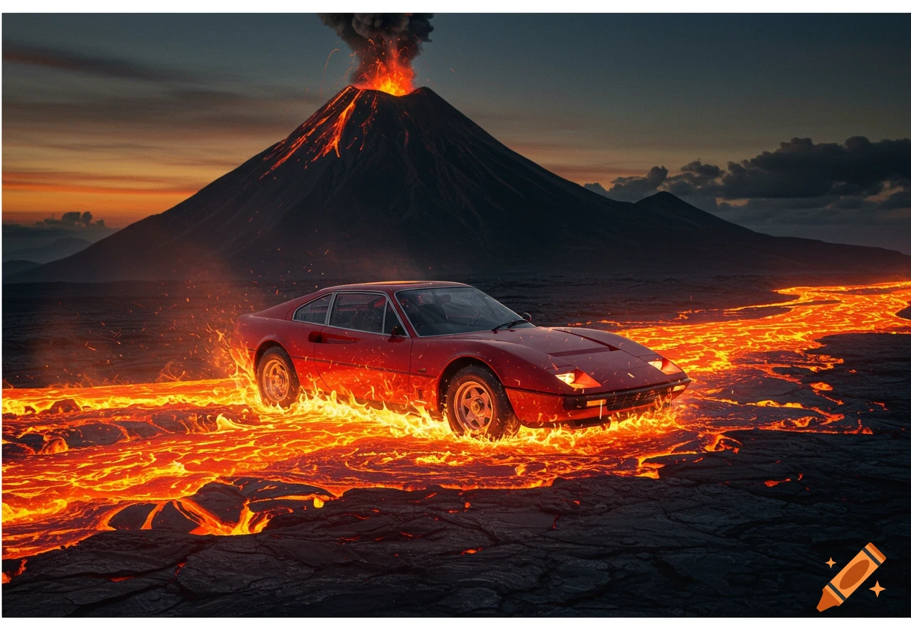 A red sports car drives through a river of lava in front of an erupting volcano at sunset.