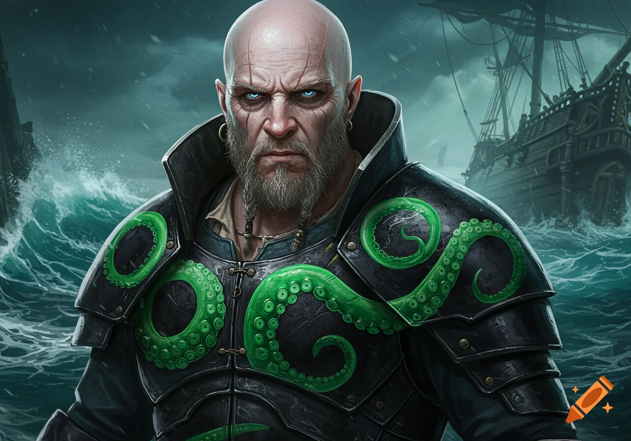 A bald pirate with a beard wearing black armor with bright green kraken tentacles on the shoulders, standing on a ship in a stormy sea.