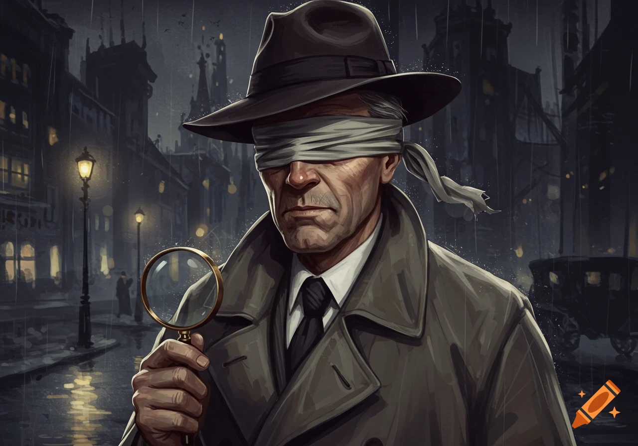 A blindfolded man in a trench coat and hat holds a magnifying glass on a rainy city street.