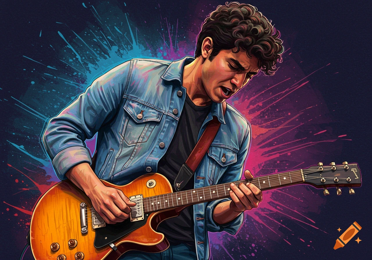 Stylized art of a person playing a guitar with a vibrant splatter background.