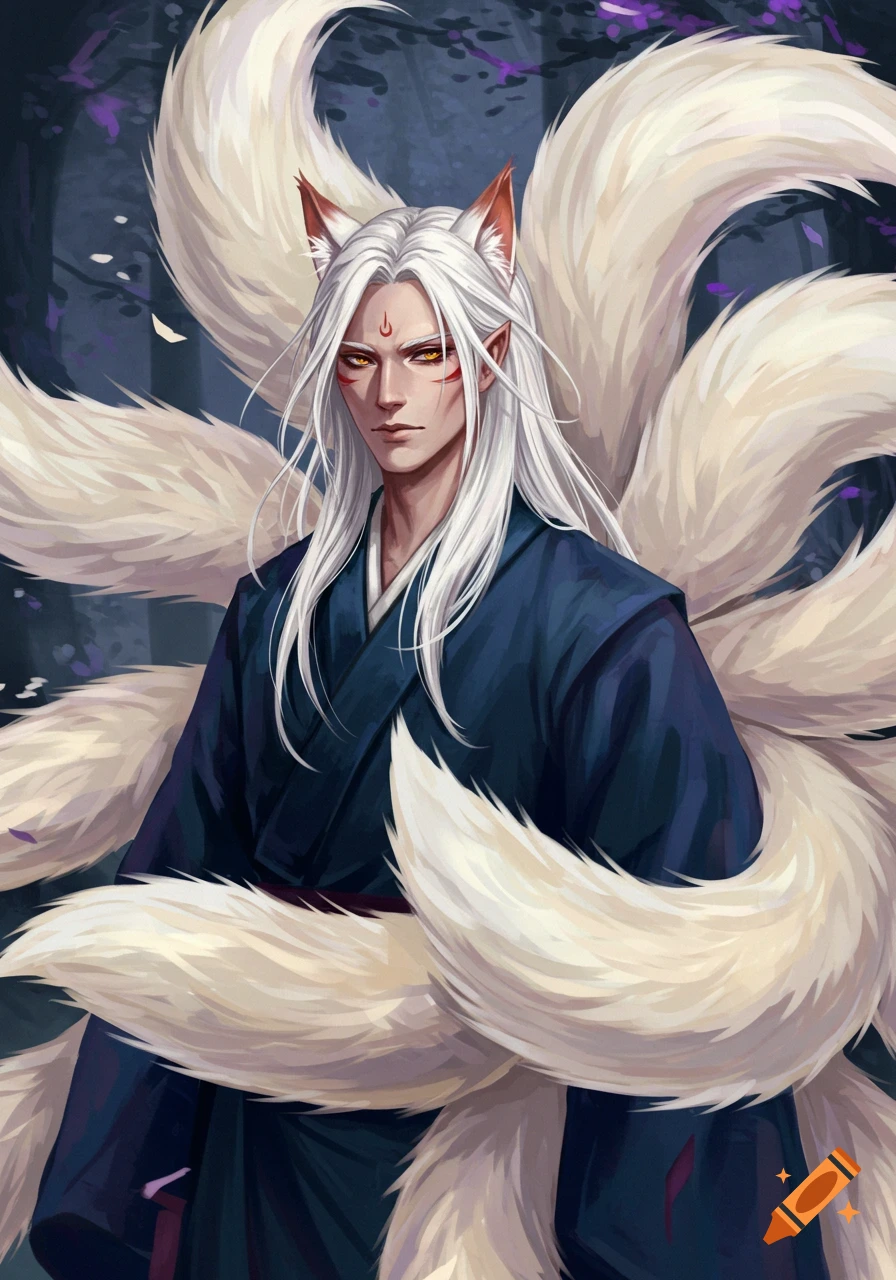 Digital art portrait of a male kitsune with white hair, yellow eyes, and many tails, wearing a dark robe.