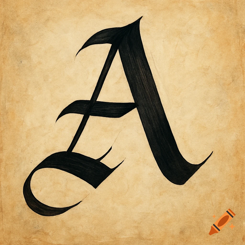 Black calligraphy letter A on aged paper.