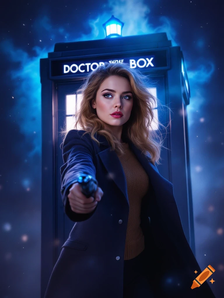 Woman holding device in front of blue police box at night, film poster style.