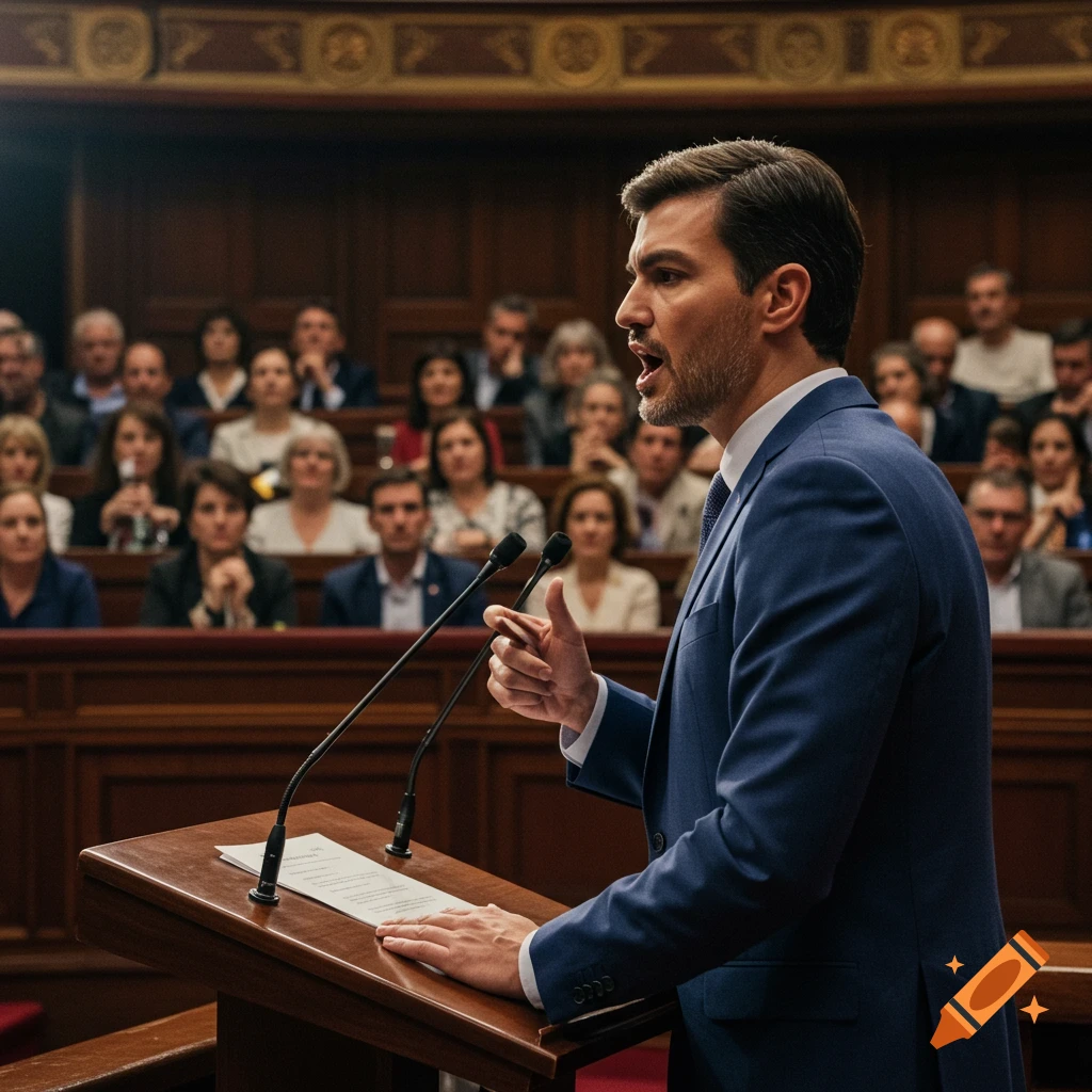 Man giving a speech at a podium in a packed room