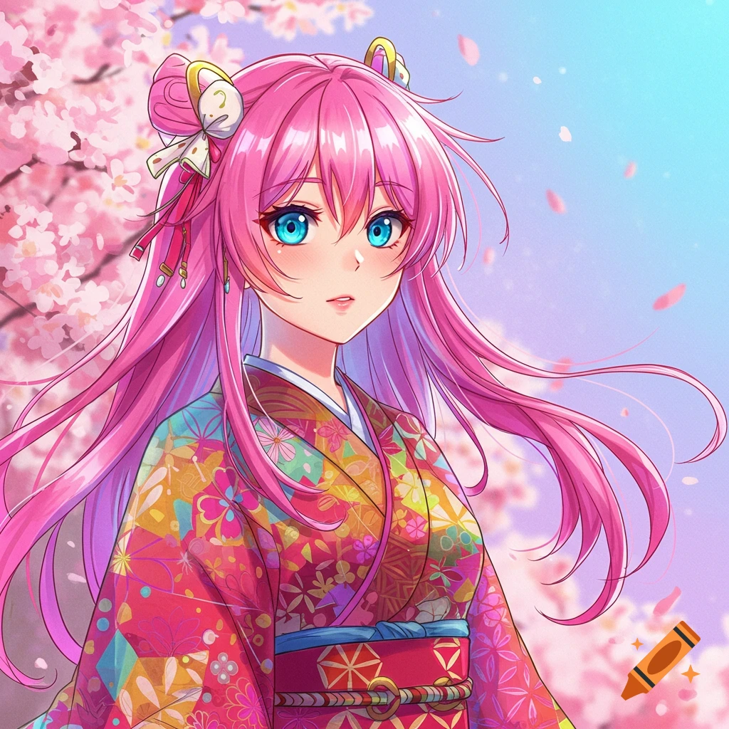 An anime girl with pink hair and blue eyes wears a colorful kimono standing among cherry blossoms.