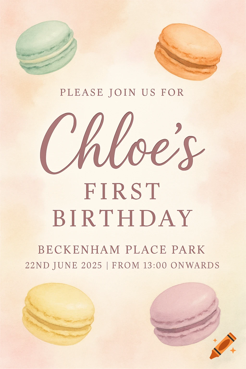 Watercolor birthday invitation with macarons and text.