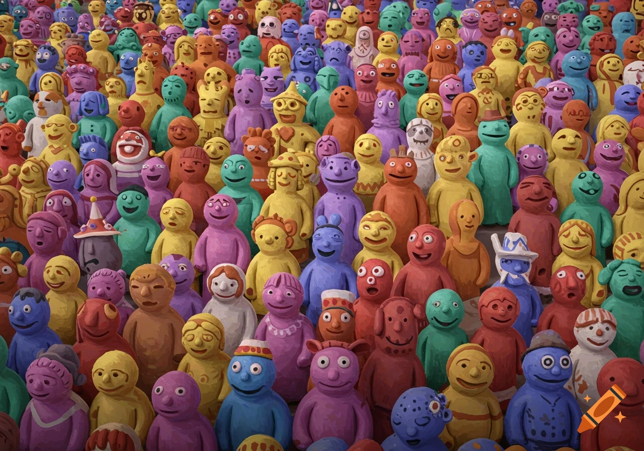 A large crowd of colorful, stylized clay figures.