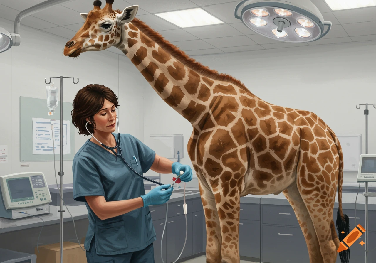 An illustration of a veterinarian giving an IV to a giraffe in a clinic.
