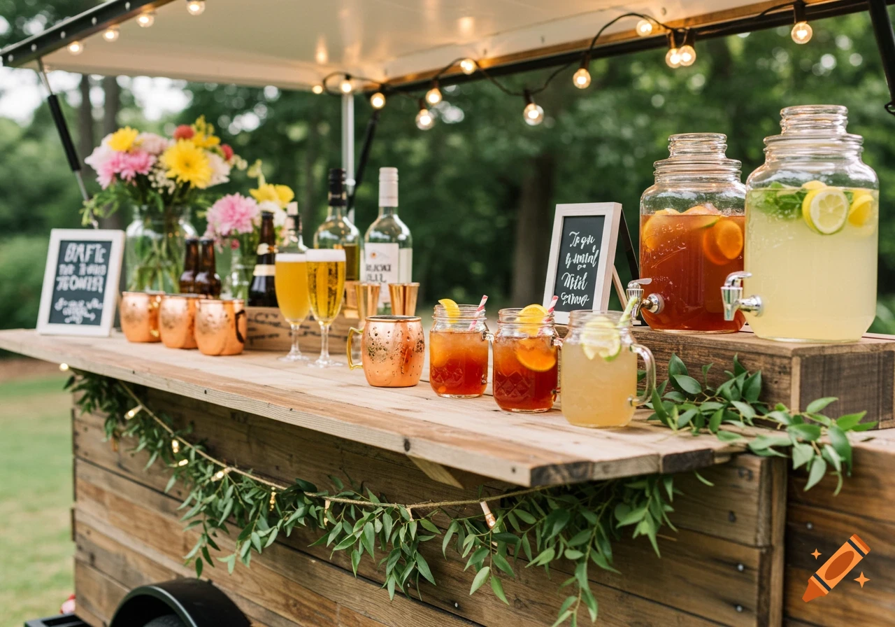 Close up of an outdoor mobile bar counter decorated with greenery and string lights, serving various drinks, including beer, mixed drinks, and large dispenser jars.