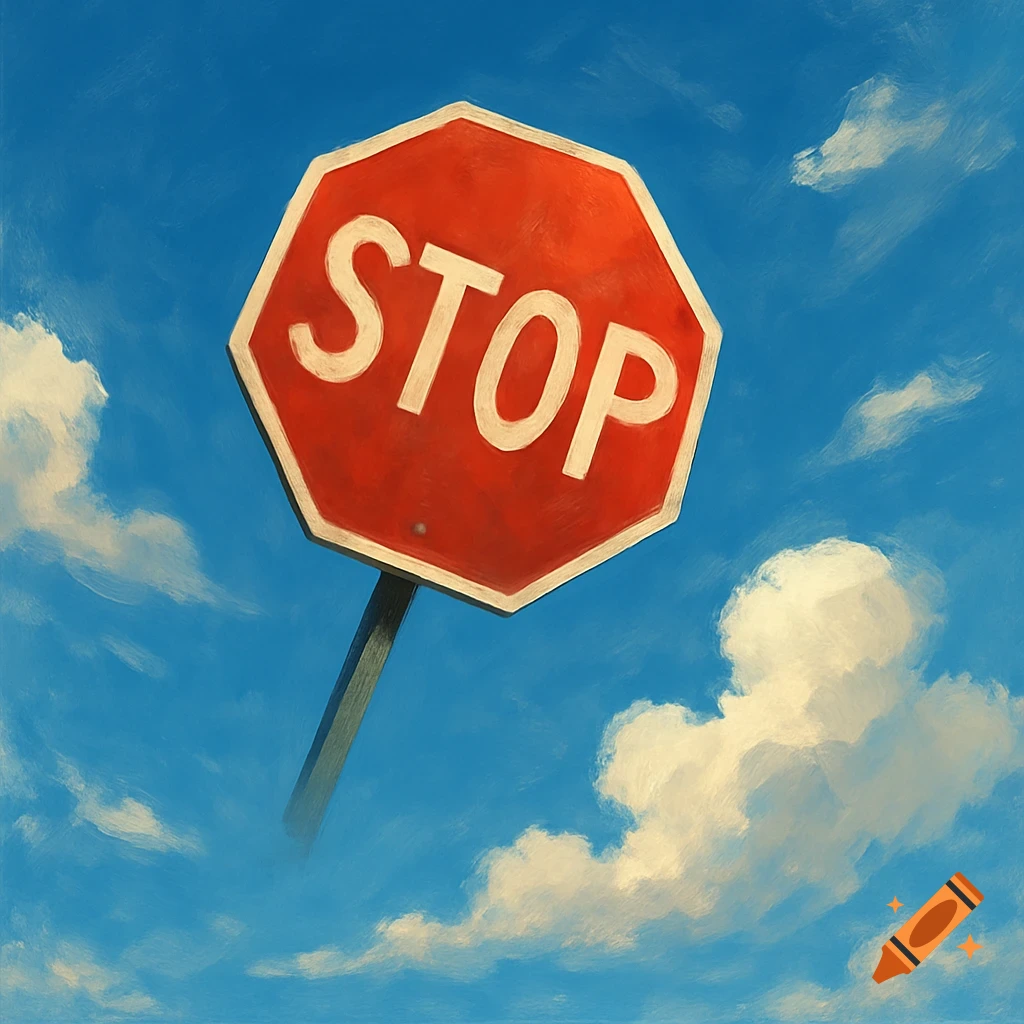 A red stop sign floats in a blue sky with clouds, painted style.