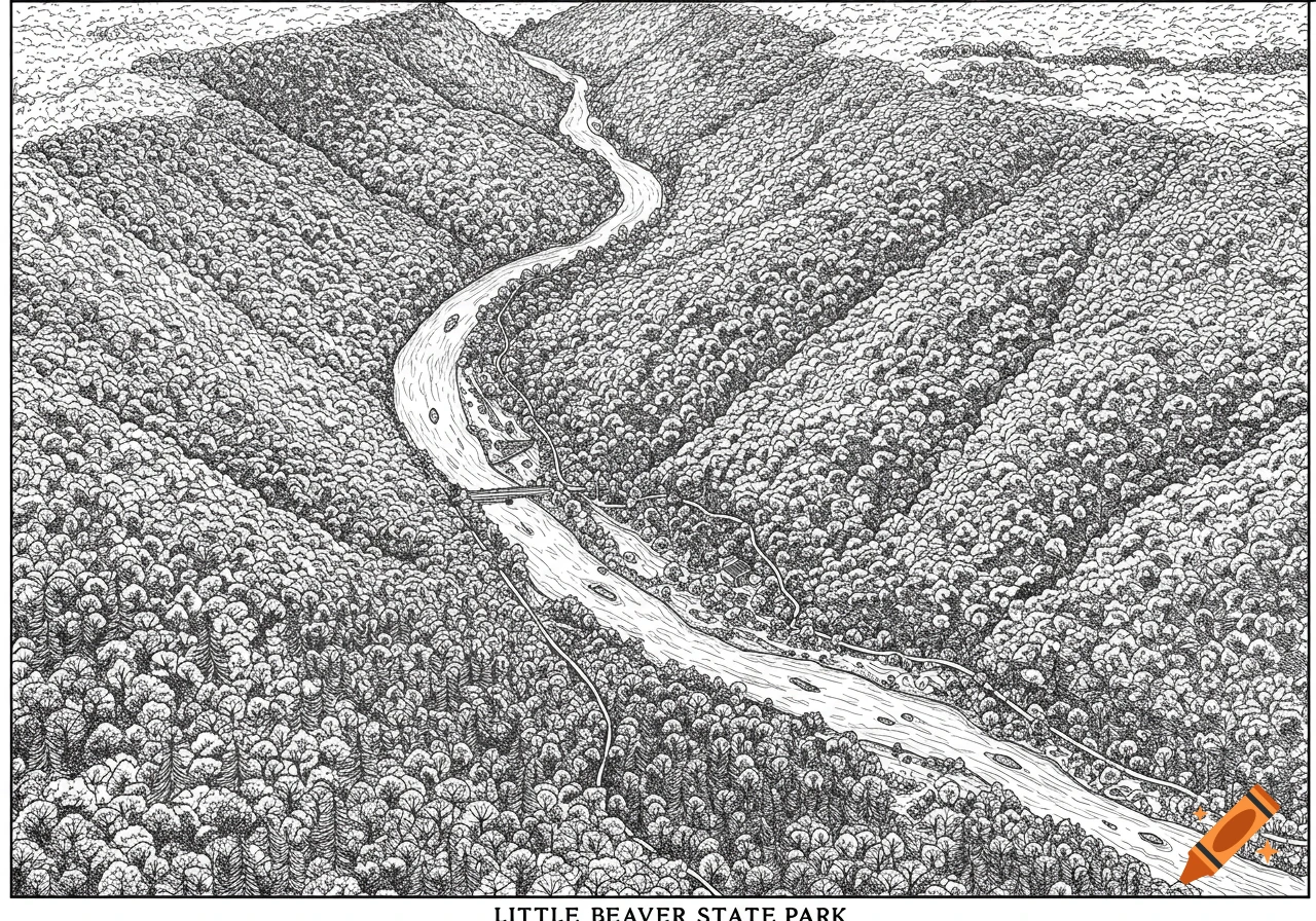 Black and white line drawing of Little Beaver State Park, showing a river winding through forested hills, with a bridge and building.