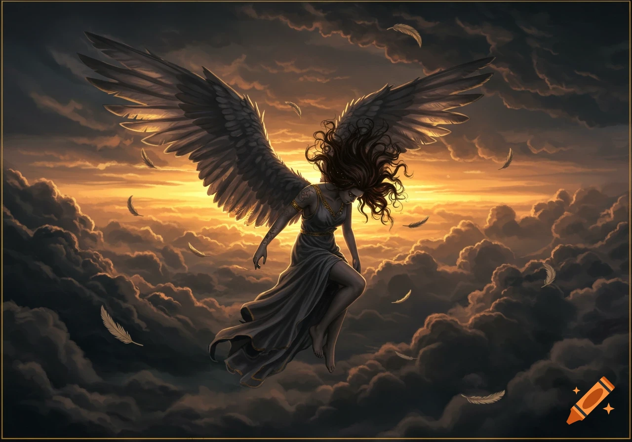 Figure with large dark wings flying through dramatic clouds at sunset.
