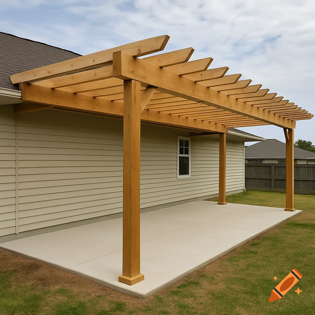 A wooden pergola attached to the side of a house covers a concrete patio in a backyard.
