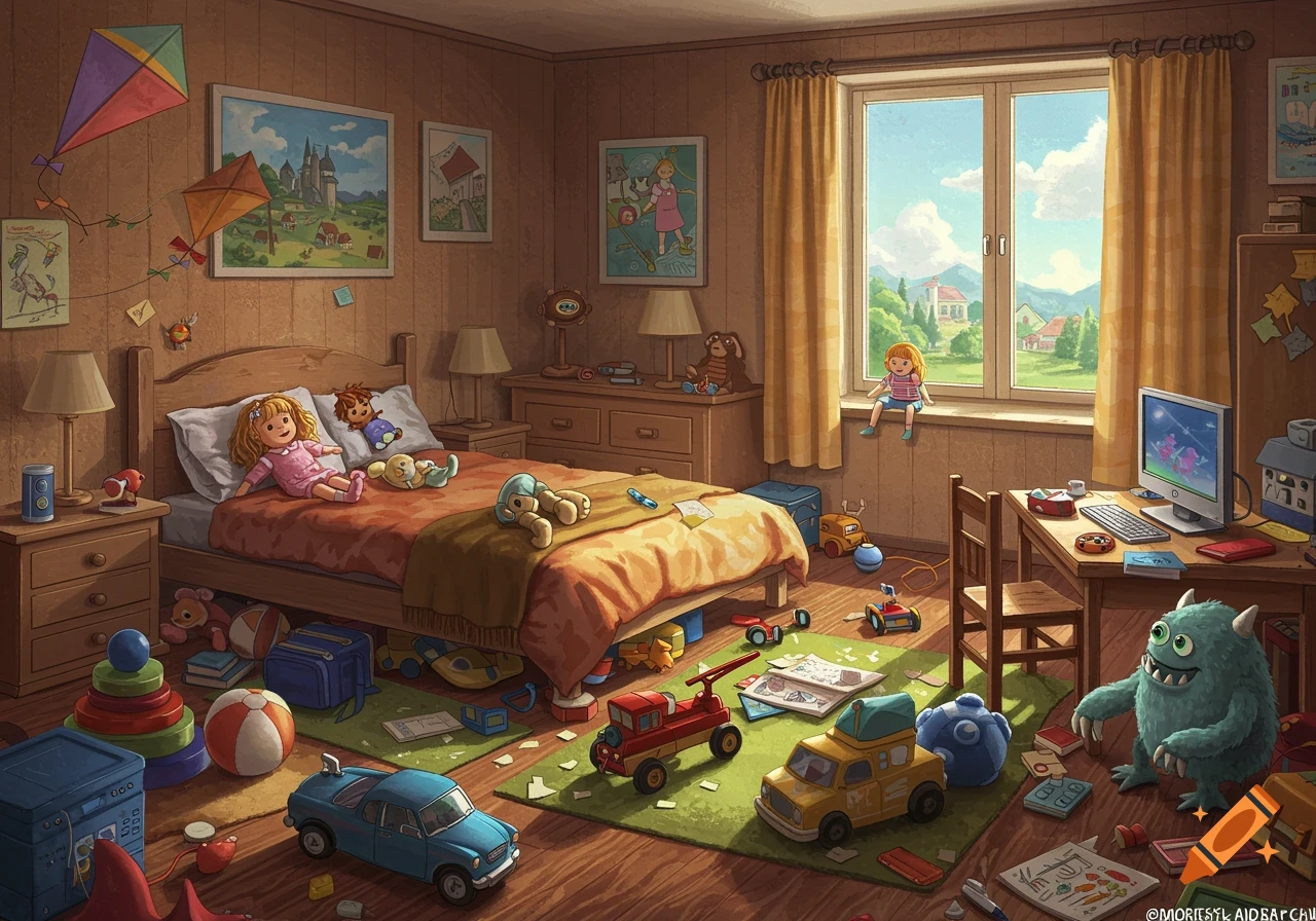 A messy child's bedroom filled with toys, dolls, cars, kites, and a blue monster.
