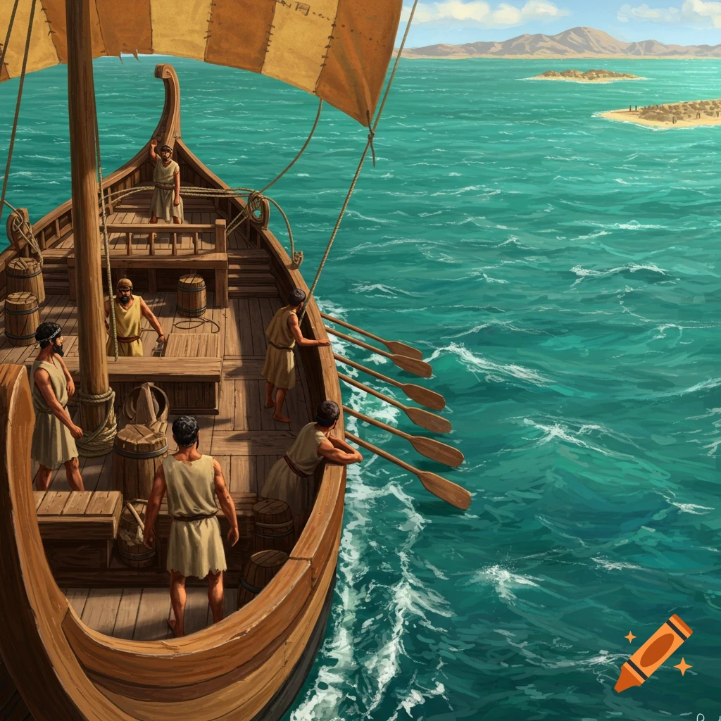 Ancient sailors on a wooden sailing ship in turquoise waters