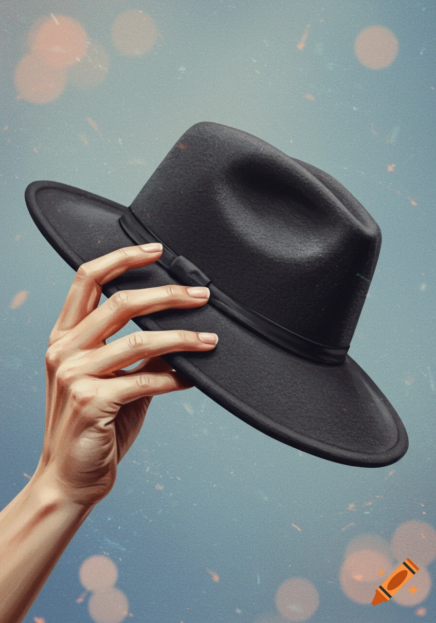 A hand holds a black fedora hat against a blurred background with bokeh.