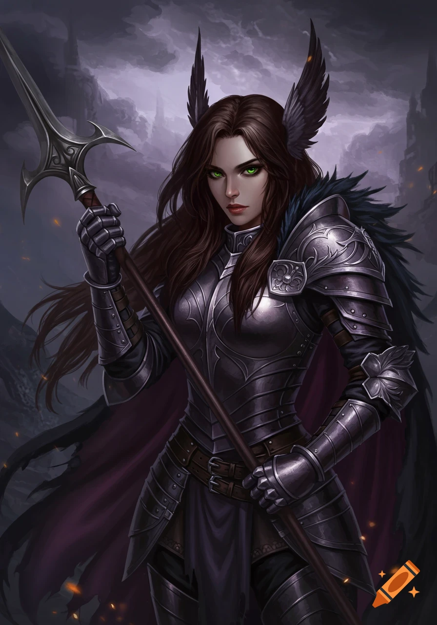 Fantasy portrait of a woman in dark armor holding a spear, with green eyes and feathered hair ornaments.