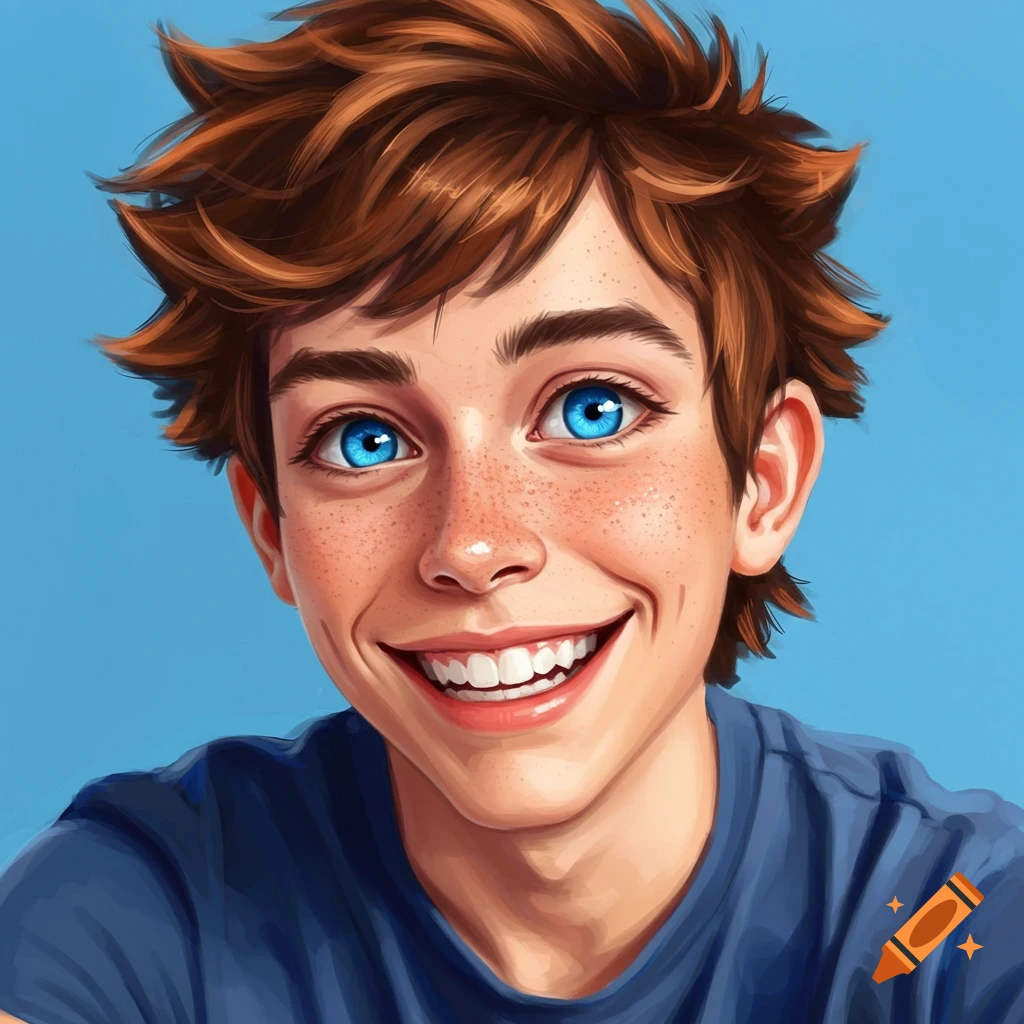 Close-up portrait of a smiling boy with bright blue eyes and freckles in a digital illustration style.