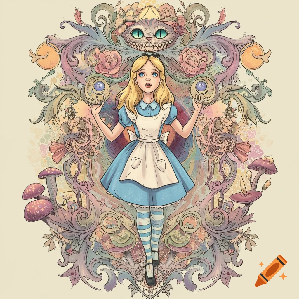 Illustration of Alice in Wonderland with Cheshire Cat and fantasy elements