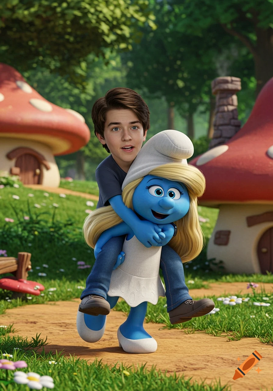 Boy gives Smurfette a piggyback ride in a fantasy forest setting.