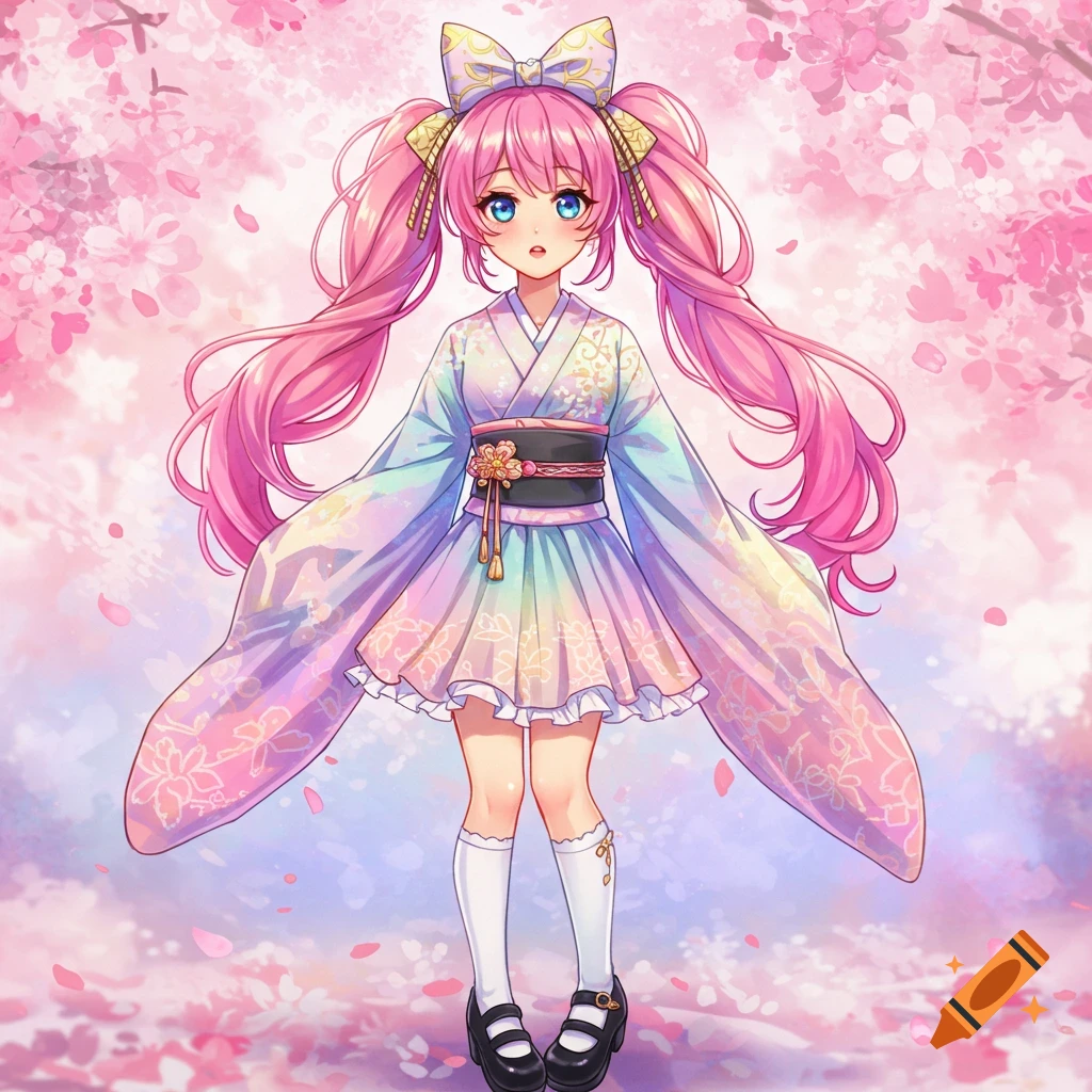 Anime girl with pink hair in a colorful kimono dress surrounded by cherry blossoms