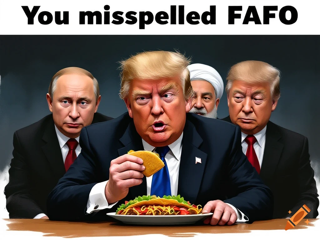 Donald Trump eats a taco with political figures behind him and the text 'You misspelled FAFO'.