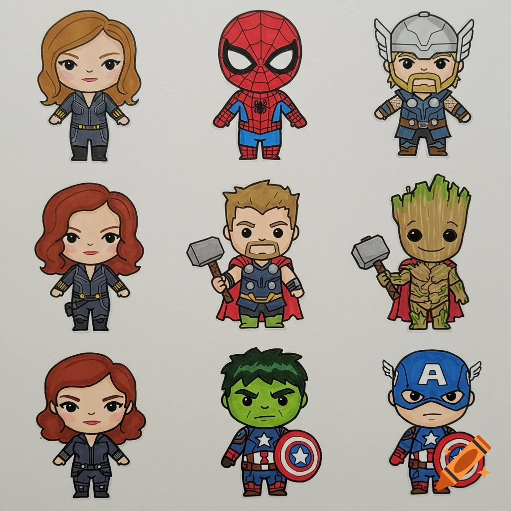 An illustration of nine cute chibi-style Marvel superhero characters: Black Widow, Spider-Man, Thor, Groot, Hulk, and Captain America.