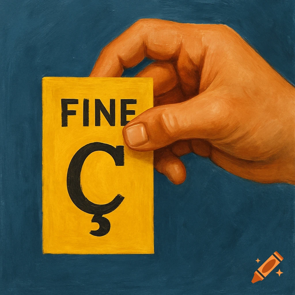 A painted image of a hand holding a yellow card that says "FINE" and has a large letter Ç on it.