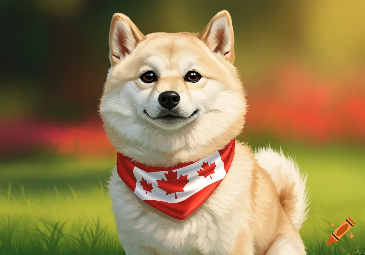 Portrait of a Shiba Inu dog wearing a Canadian flag scarf.