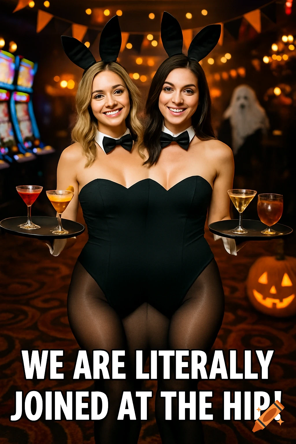 Two women in bunny costumes, merged at the hip, hold drinks on trays in a Halloween-decorated casino with text overlay.