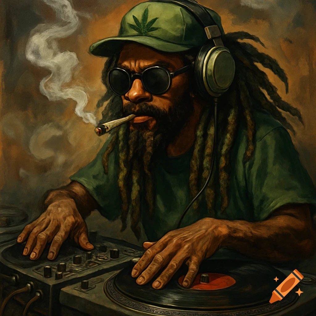 Painting of a person with dreadlocks, sunglasses, and headphones smoking a joint while DJing