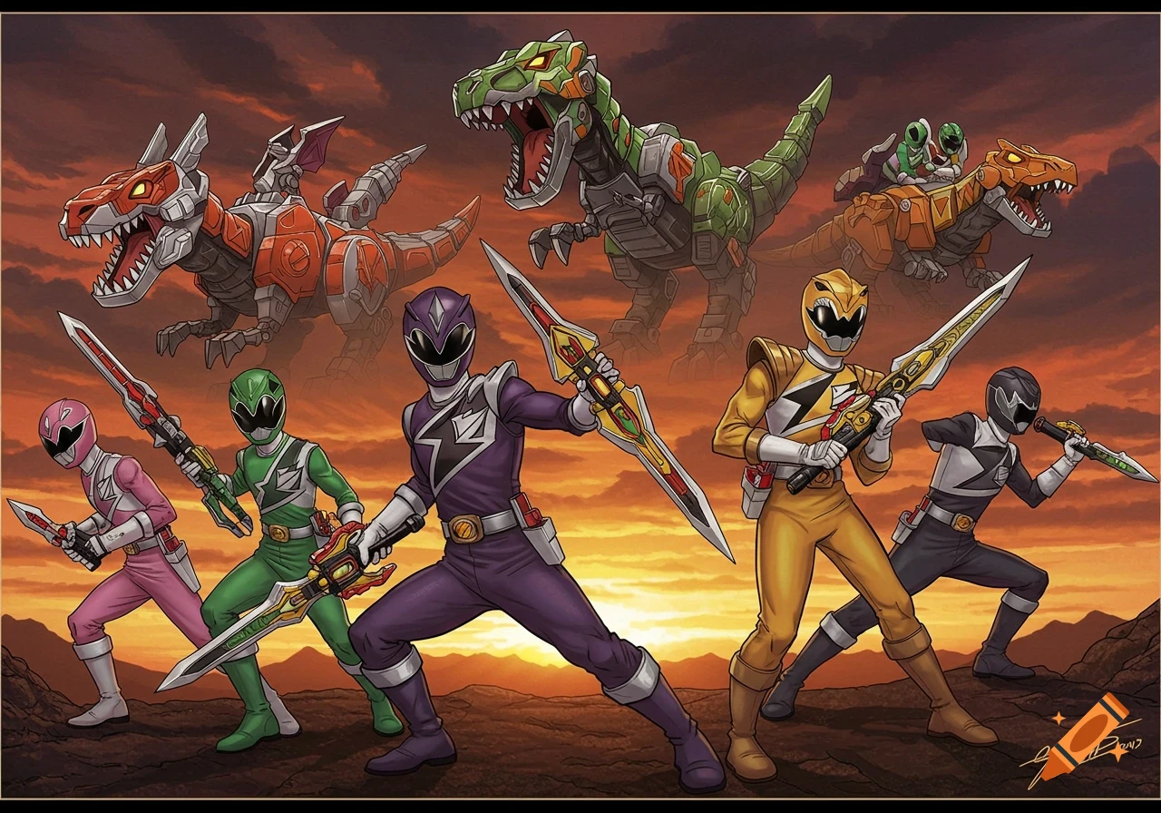 Illustration of five Power Rangers standing with dinosaur robots against a dramatic sky.