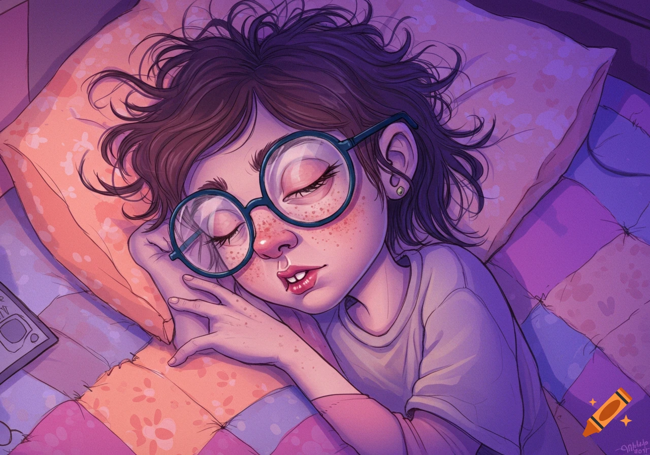 An illustration of a girl with glasses sleeping on a pillow under a quilt.