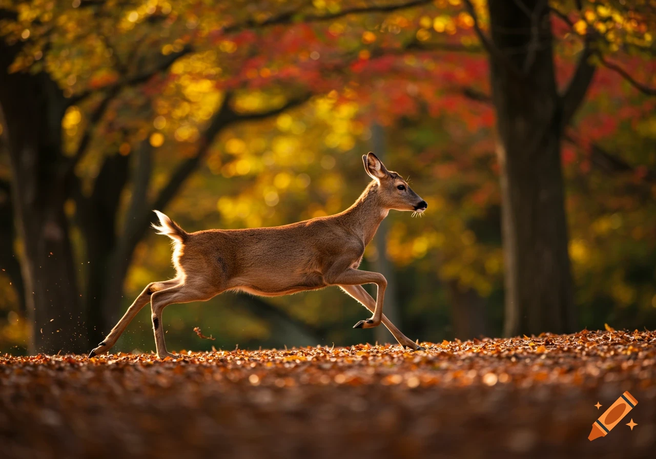 A deer runs through an autumn forest, looking back.