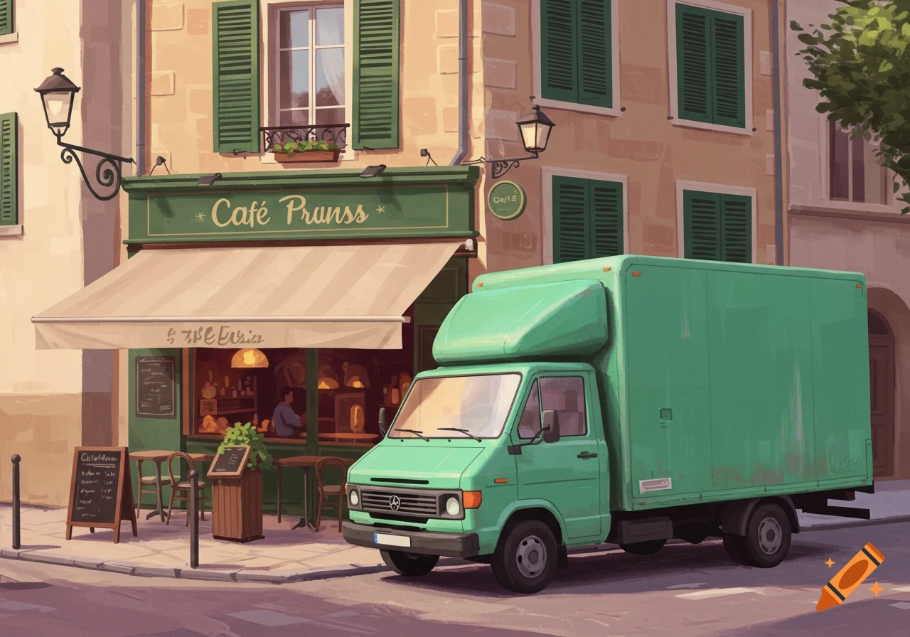 A green box truck is parked in front of a cafe with a green awning on a sunny street, painted in a loose style.