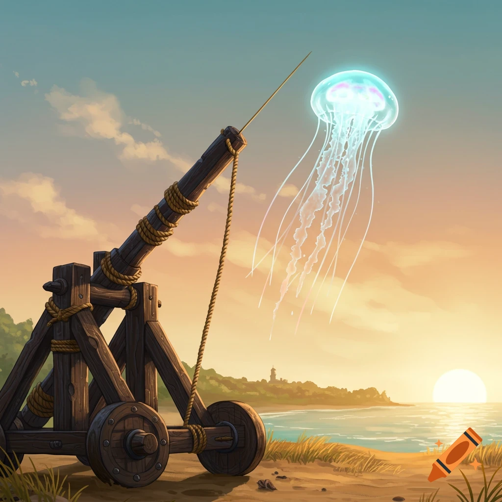 An illustration of a catapult on a beach launching a glowing jellyfish into a sunset sky.