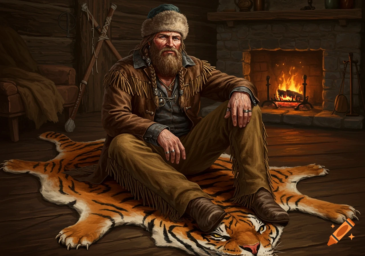 Bearded man in fur hat sits on a tiger rug by a fireplace in a rustic cabin.