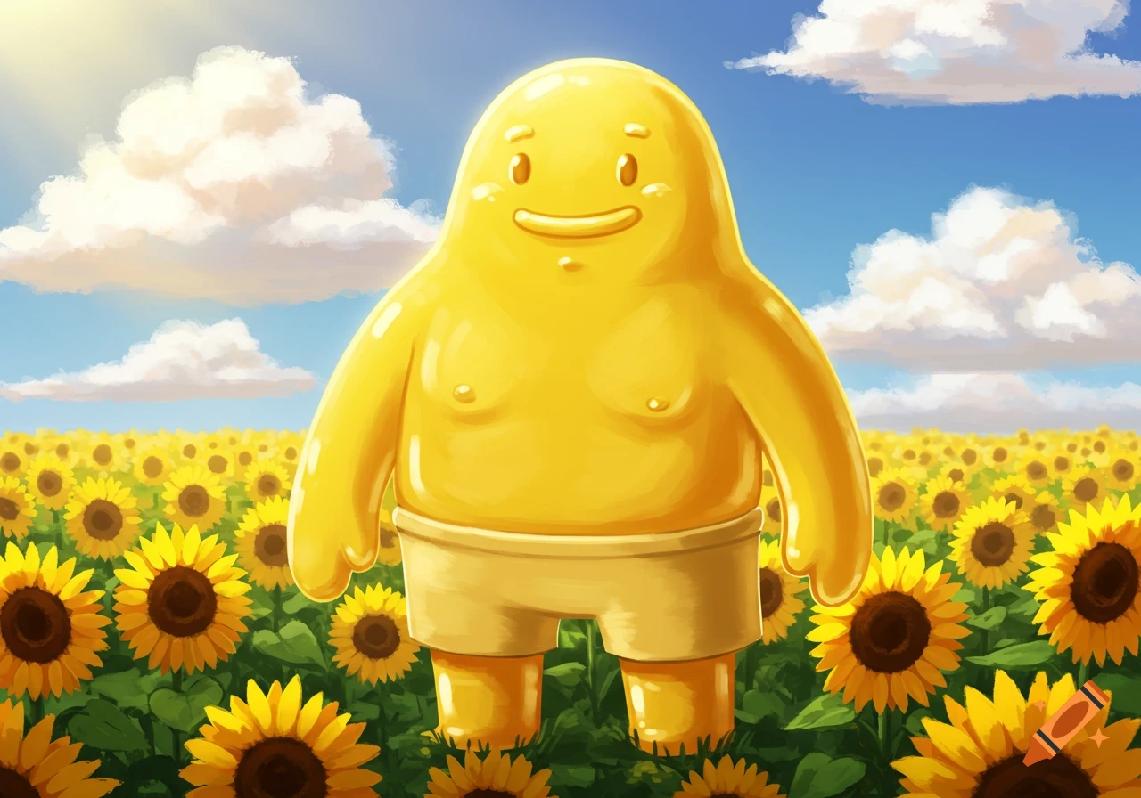 A smiling yellow butter-like creature stands in a field of sunflowers under a sunny sky.