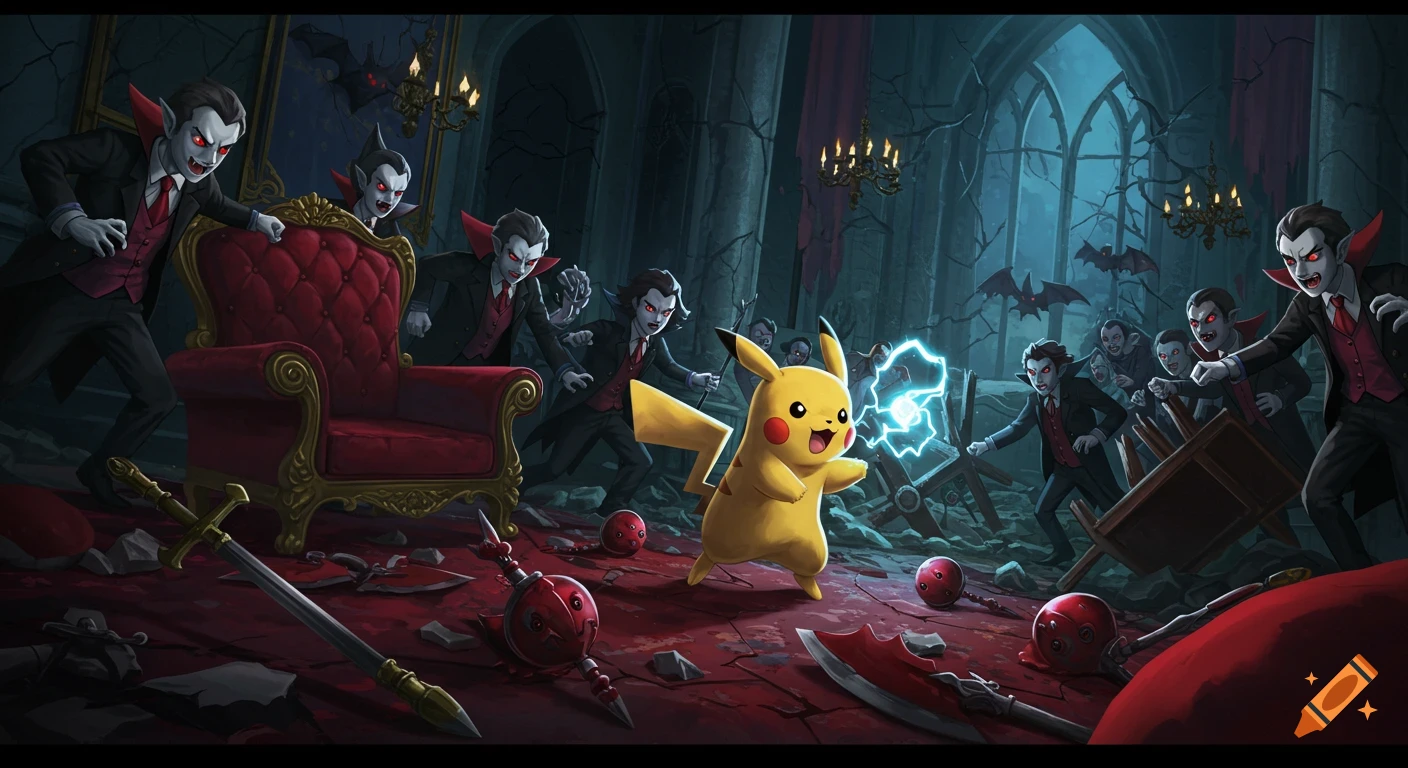 Pikachu fights multiple vampires in a broken, dark castle, stylized illustration.