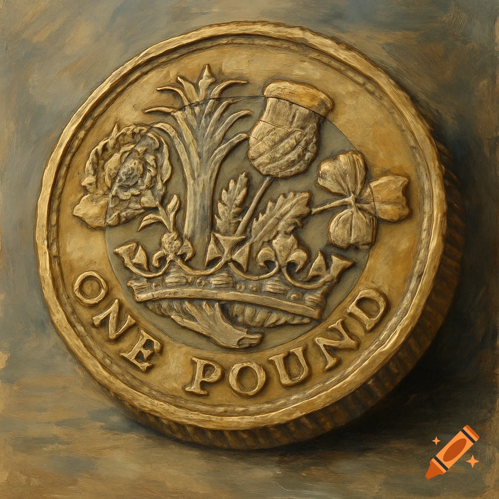 A gold British One Pound coin with symbols of a rose, thistle, and shamrock, rendered in a painterly style.