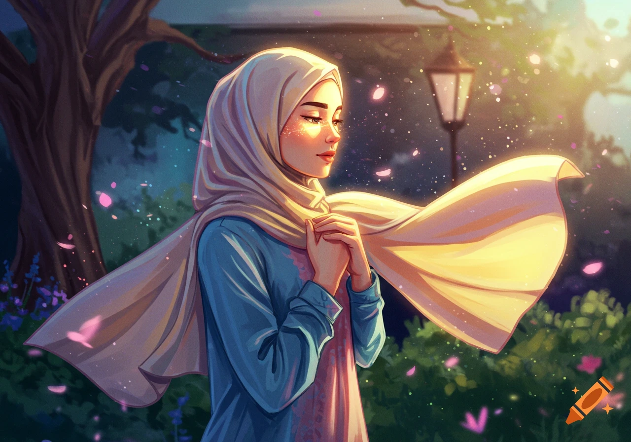 Digital painting of a woman in a hijab with clasped hands, illuminated by sunlight in a garden at sunset
