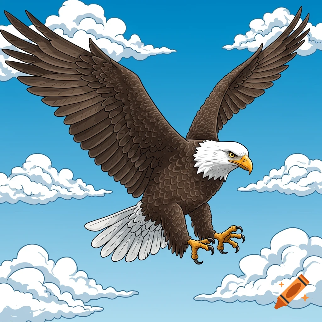 Bald eagle with wings spread, flying in a blue sky with clouds, illustrated in a coloring page style.