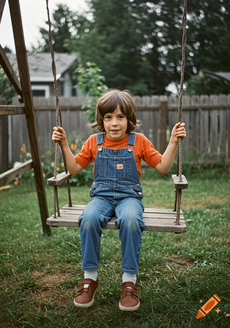 Young child in overalls sitting on a wooden swing in a backyard, photo stylized like the 1970s.